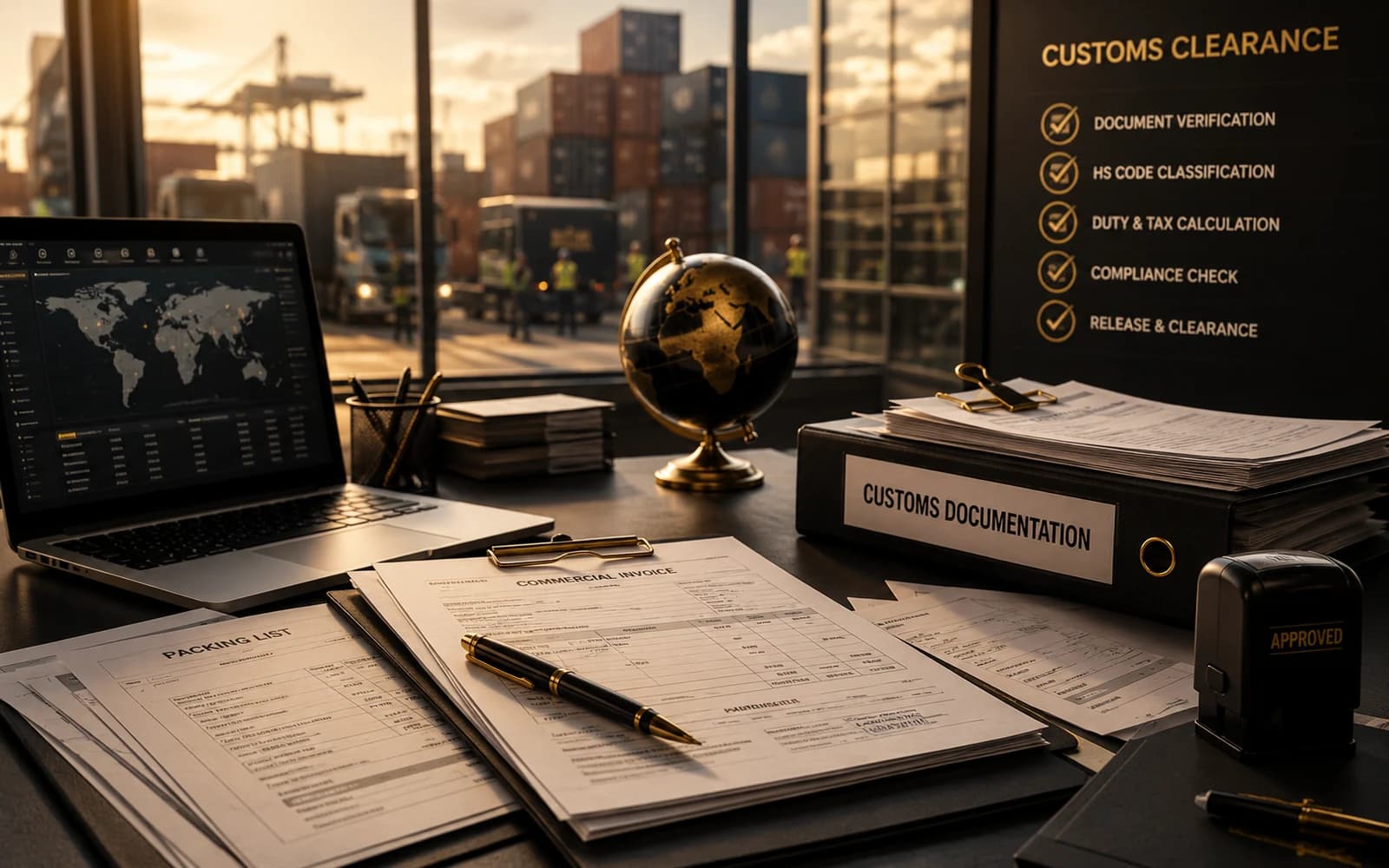 Customs documentation and trade compliance work environment.