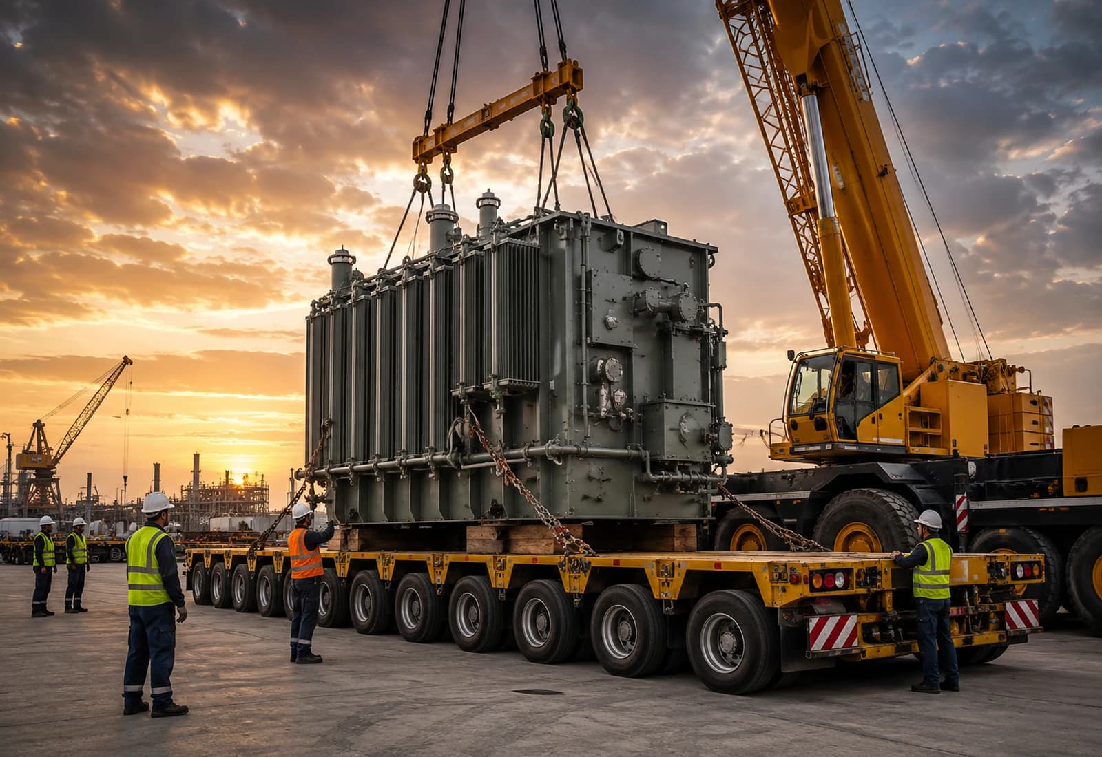 Project logistics operation involving oversized industrial cargo, modular transport, and crane handling.